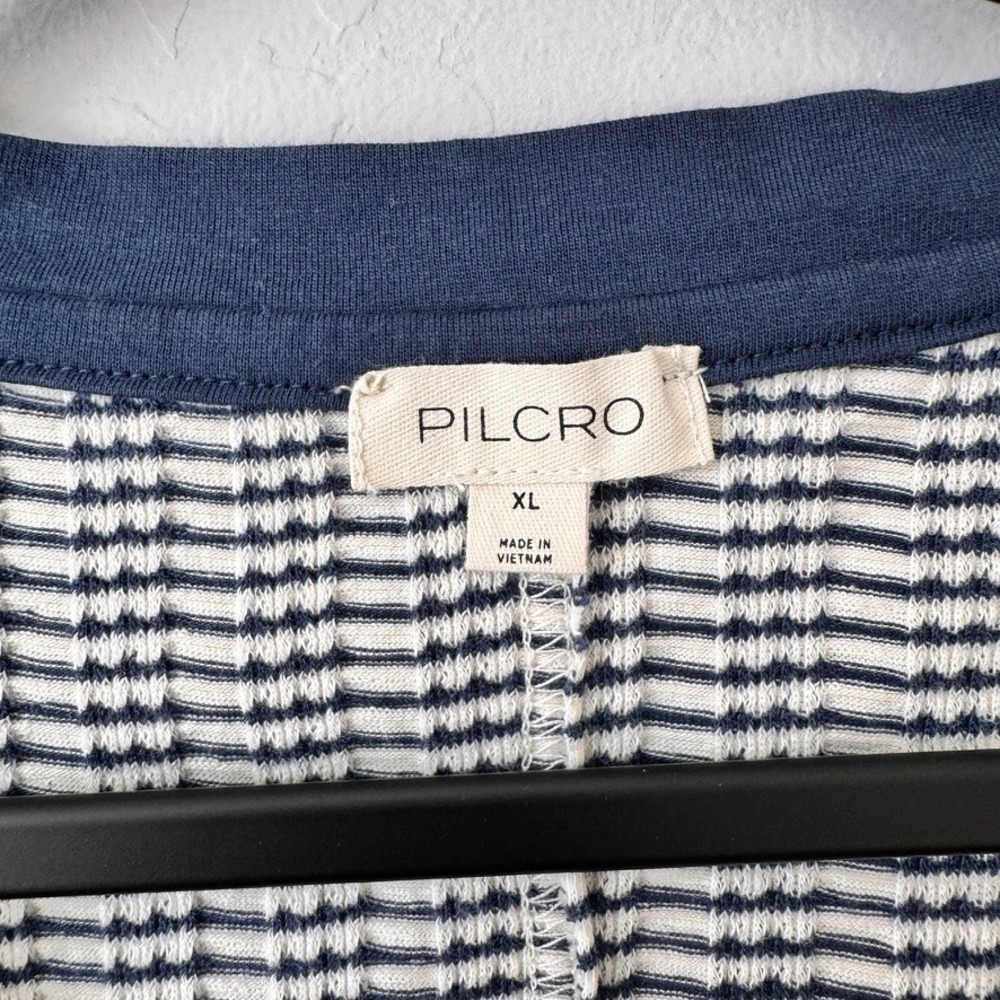 Pilcro XL Henley Top Navy Blue Short Sleeve Striped V-Neck Snap Button Textured - Picture 3 of 5